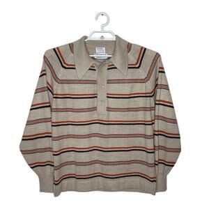 Vtg THANE Orlon Orange Brown‎ Striped Quarter Button Sweater Point Collar 70s L